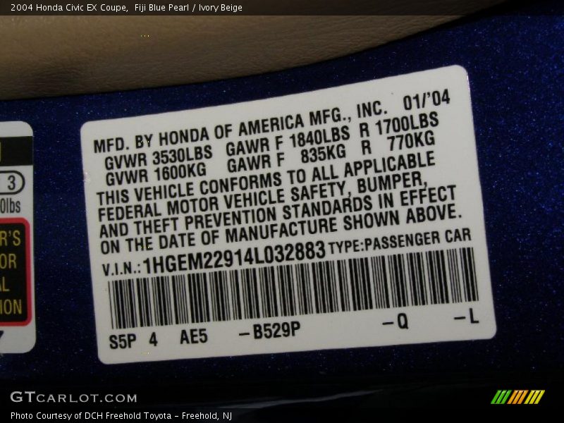 Fiji Blue Pearl / Ivory Beige 2004 Honda Civic EX Coupe
