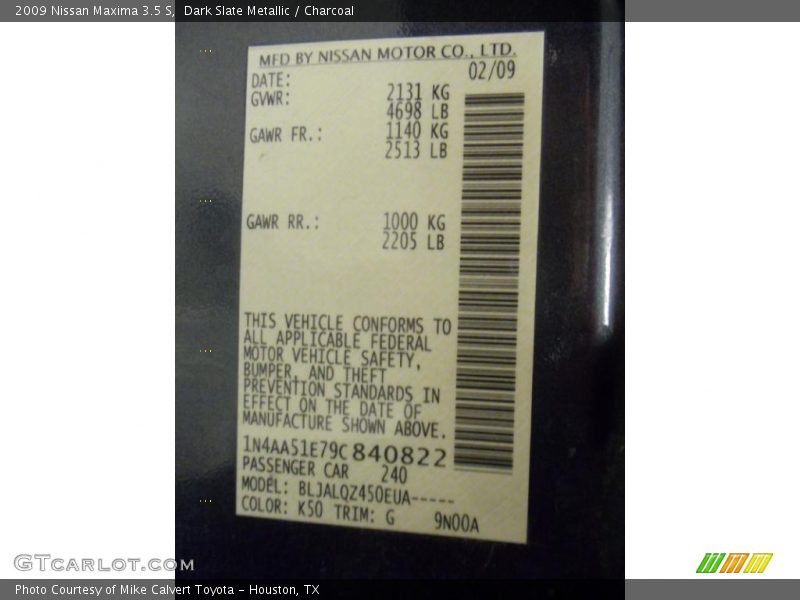 Dark Slate Metallic / Charcoal 2009 Nissan Maxima 3.5 S