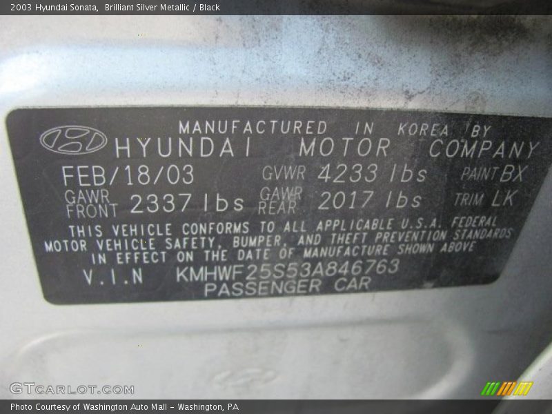 Brilliant Silver Metallic / Black 2003 Hyundai Sonata