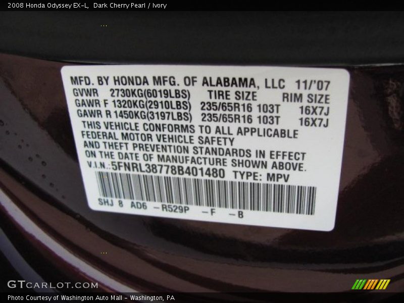 Dark Cherry Pearl / Ivory 2008 Honda Odyssey EX-L