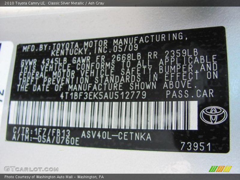 Classic Silver Metallic / Ash Gray 2010 Toyota Camry LE