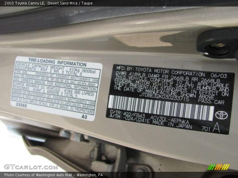 Desert Sand Mica / Taupe 2003 Toyota Camry LE
