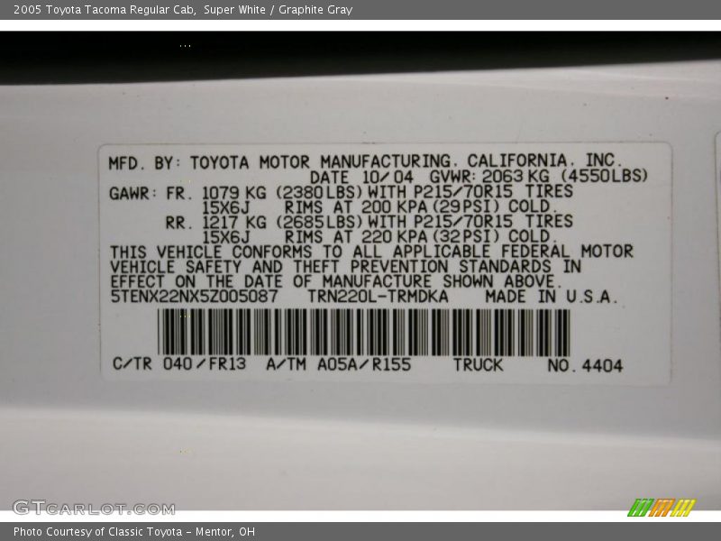 Super White / Graphite Gray 2005 Toyota Tacoma Regular Cab
