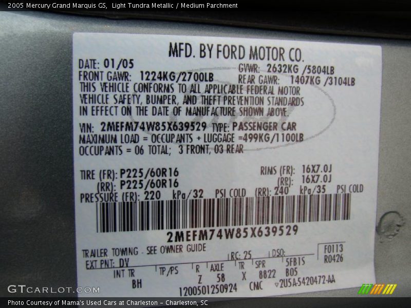 Light Tundra Metallic / Medium Parchment 2005 Mercury Grand Marquis GS