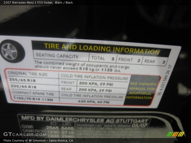 Black / Black 2007 Mercedes-Benz S 550 Sedan