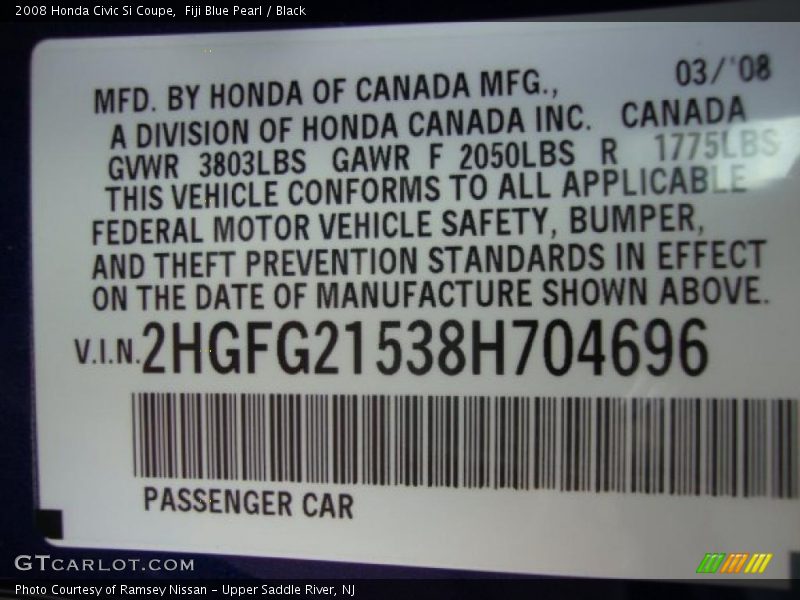 Fiji Blue Pearl / Black 2008 Honda Civic Si Coupe