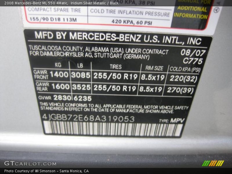 Iridium Silver Metallic / Black 2008 Mercedes-Benz ML 550 4Matic