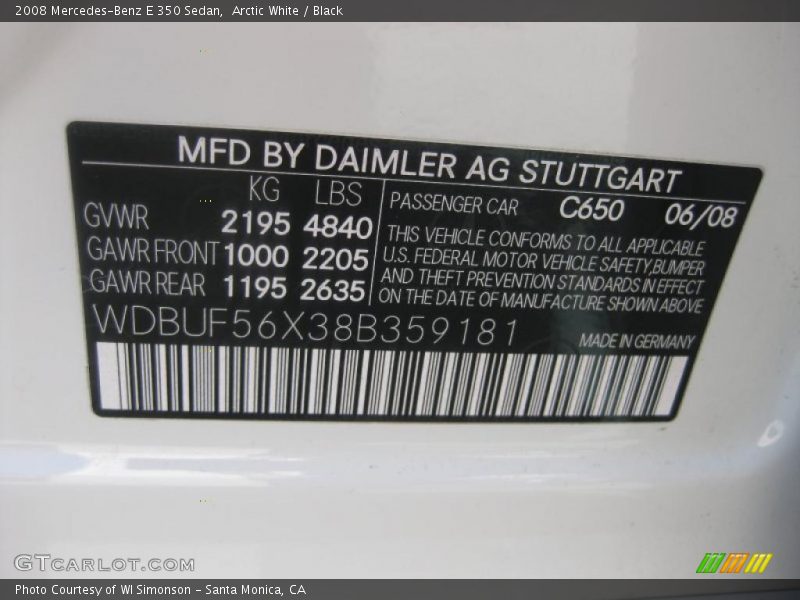 Arctic White / Black 2008 Mercedes-Benz E 350 Sedan