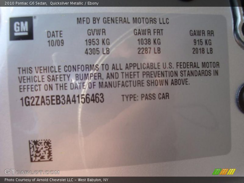 Quicksilver Metallic / Ebony 2010 Pontiac G6 Sedan