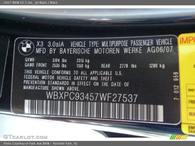 Jet Black / Black 2007 BMW X3 3.0si