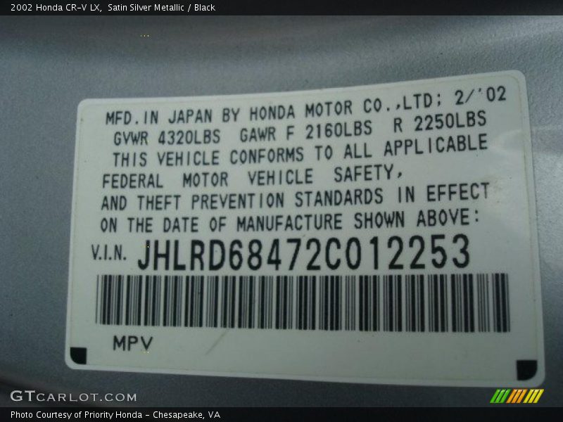 Satin Silver Metallic / Black 2002 Honda CR-V LX