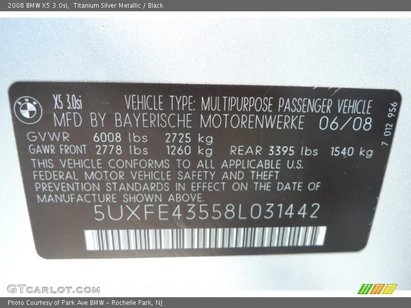 Titanium Silver Metallic / Black 2008 BMW X5 3.0si