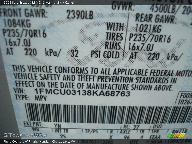 Silver Metallic / Camel 2008 Ford Escape XLT V6