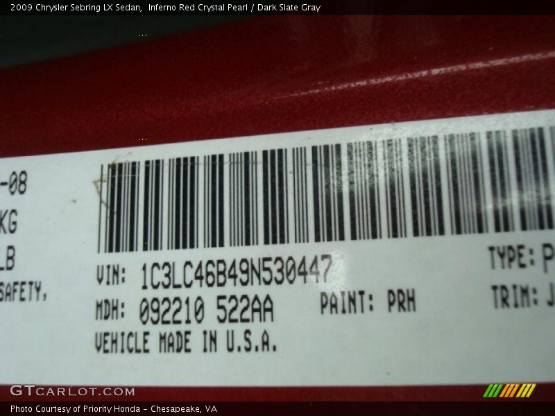 Inferno Red Crystal Pearl / Dark Slate Gray 2009 Chrysler Sebring LX Sedan