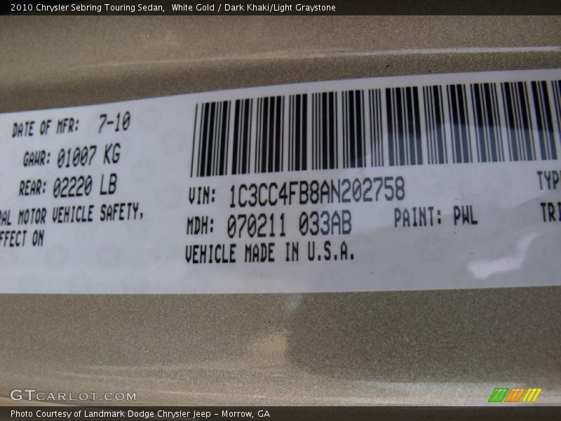 White Gold / Dark Khaki/Light Graystone 2010 Chrysler Sebring Touring Sedan