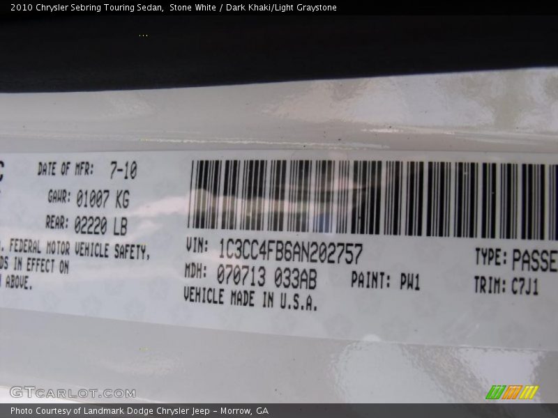 Stone White / Dark Khaki/Light Graystone 2010 Chrysler Sebring Touring Sedan