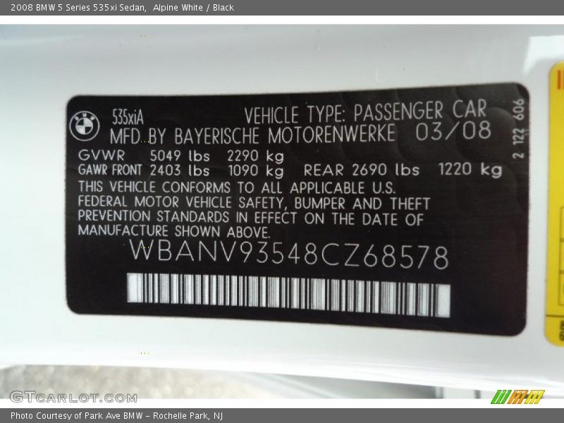 Alpine White / Black 2008 BMW 5 Series 535xi Sedan