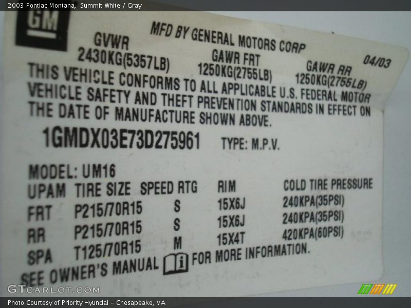 Summit White / Gray 2003 Pontiac Montana
