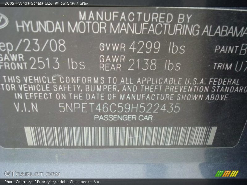 Willow Gray / Gray 2009 Hyundai Sonata GLS