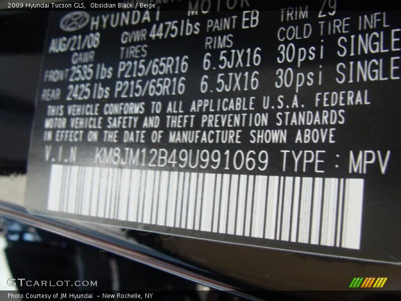 Obsidian Black / Beige 2009 Hyundai Tucson GLS