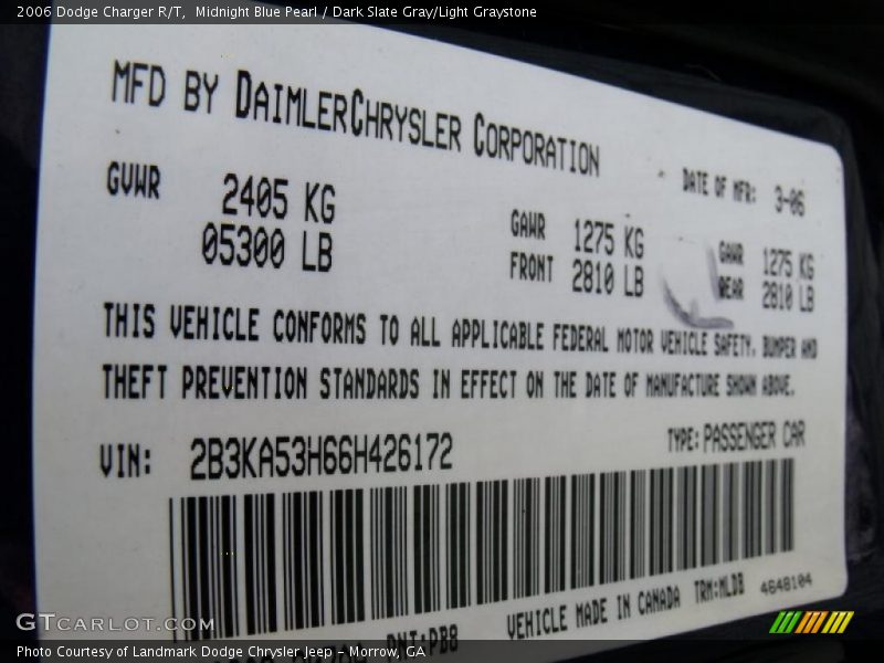 Midnight Blue Pearl / Dark Slate Gray/Light Graystone 2006 Dodge Charger R/T