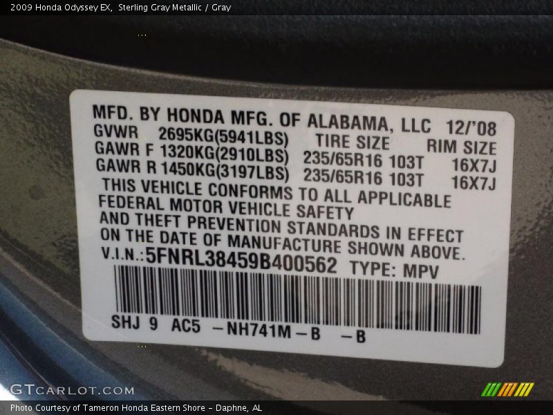Sterling Gray Metallic / Gray 2009 Honda Odyssey EX