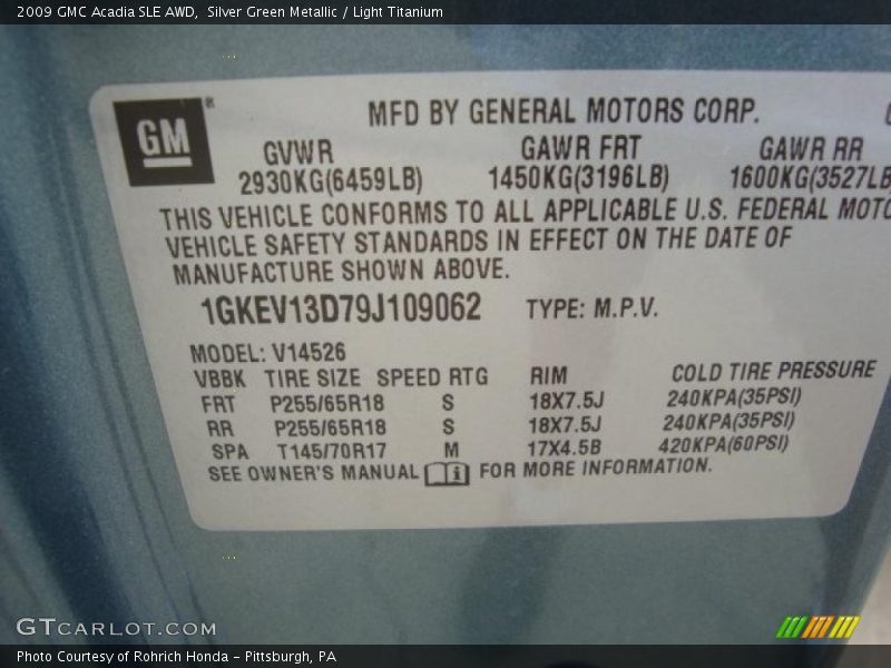 Silver Green Metallic / Light Titanium 2009 GMC Acadia SLE AWD