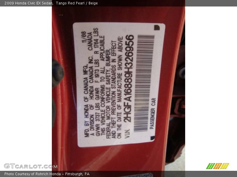 Tango Red Pearl / Beige 2009 Honda Civic EX Sedan