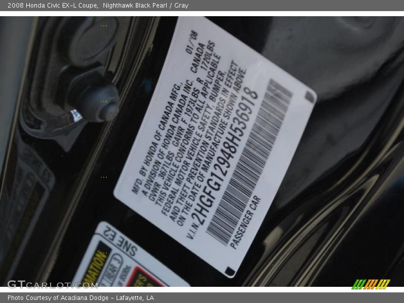 Nighthawk Black Pearl / Gray 2008 Honda Civic EX-L Coupe