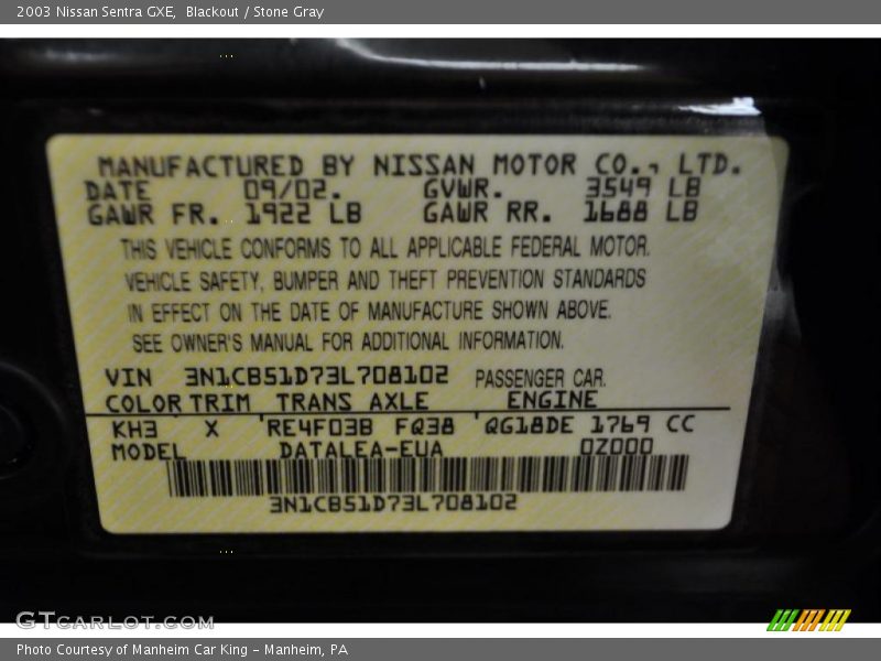 Blackout / Stone Gray 2003 Nissan Sentra GXE