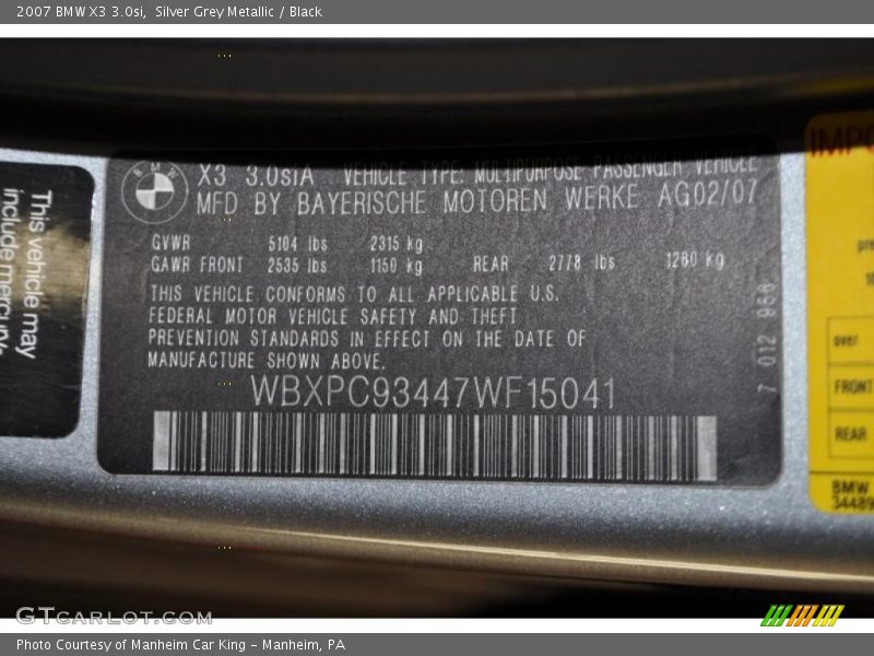 Silver Grey Metallic / Black 2007 BMW X3 3.0si