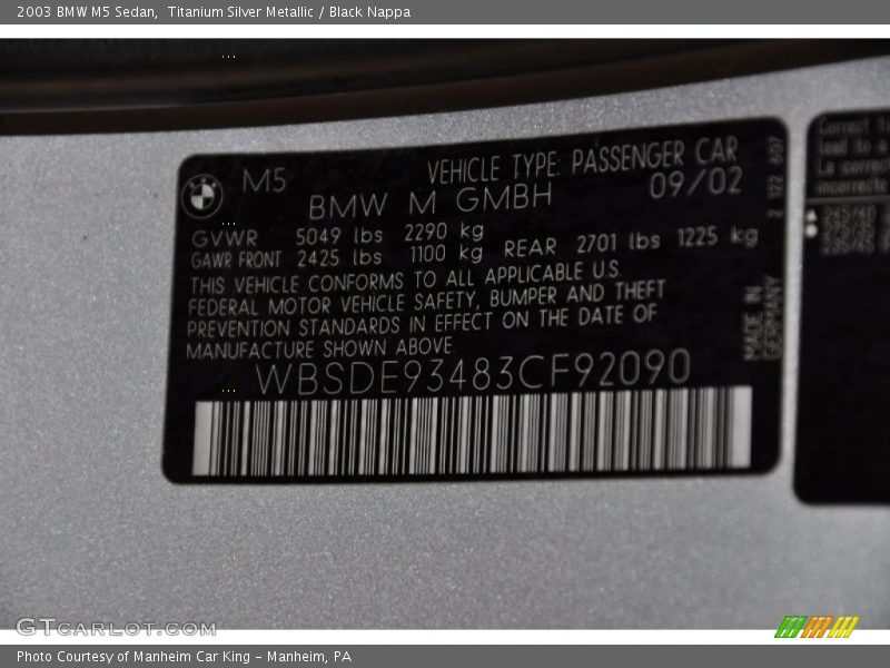 Titanium Silver Metallic / Black Nappa 2003 BMW M5 Sedan