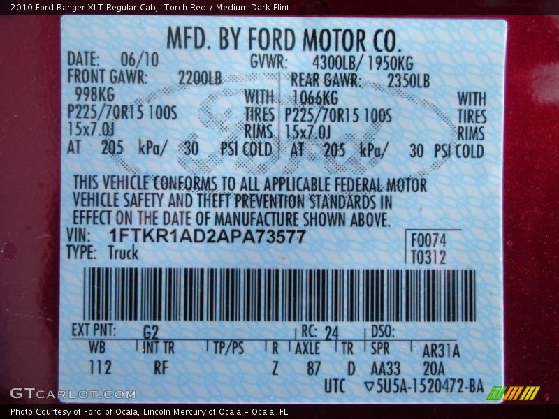 Torch Red / Medium Dark Flint 2010 Ford Ranger XLT Regular Cab