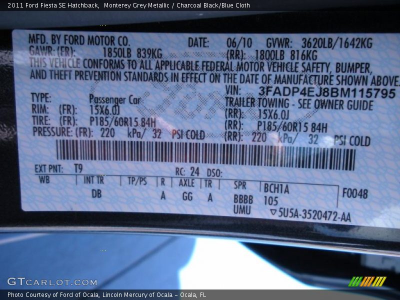 Monterey Grey Metallic / Charcoal Black/Blue Cloth 2011 Ford Fiesta SE Hatchback