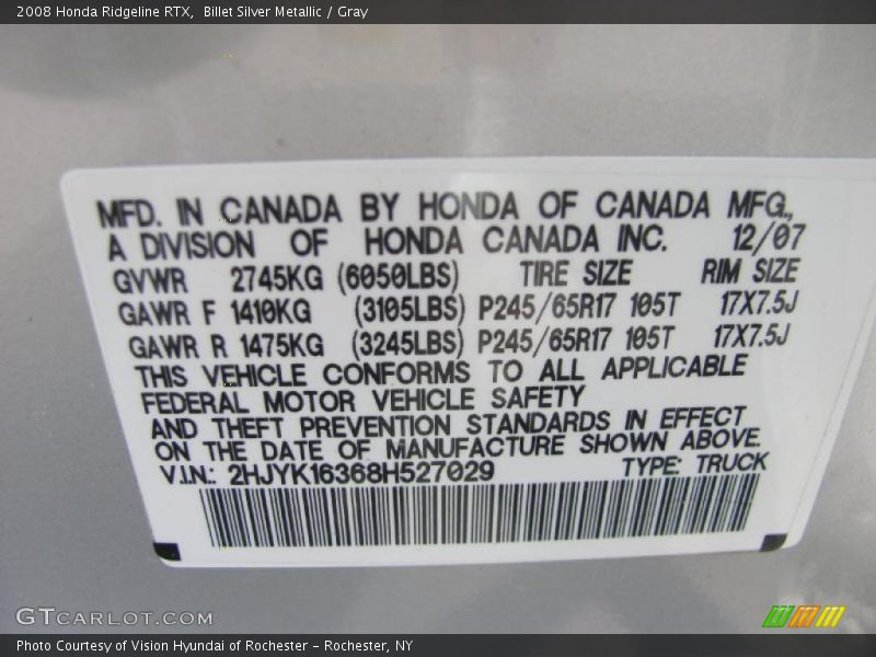 Billet Silver Metallic / Gray 2008 Honda Ridgeline RTX