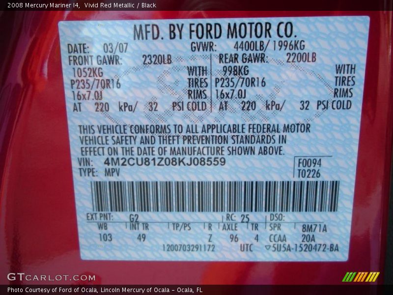Vivid Red Metallic / Black 2008 Mercury Mariner I4