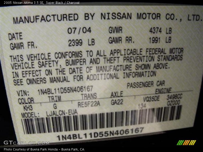 Super Black / Charcoal 2005 Nissan Altima 3.5 SE
