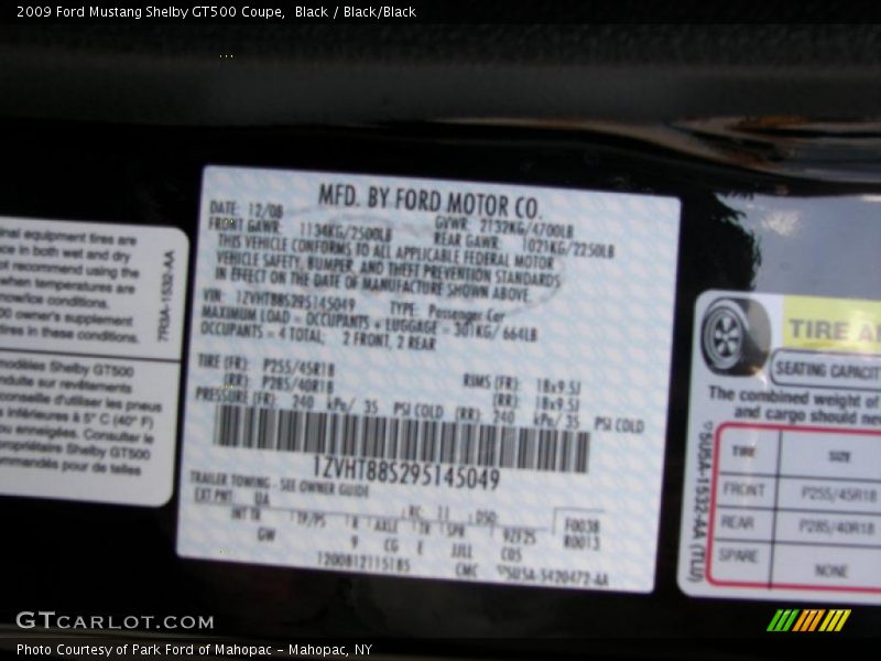 2009 Mustang Shelby GT500 Coupe Black Color Code UA