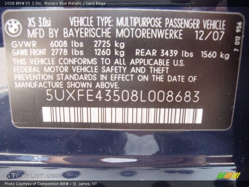 Monaco Blue Metallic / Sand Beige 2008 BMW X5 3.0si