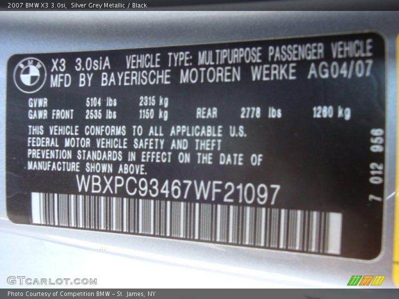 Silver Grey Metallic / Black 2007 BMW X3 3.0si