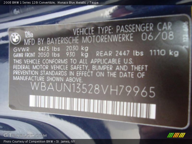 Monaco Blue Metallic / Taupe 2008 BMW 1 Series 128i Convertible