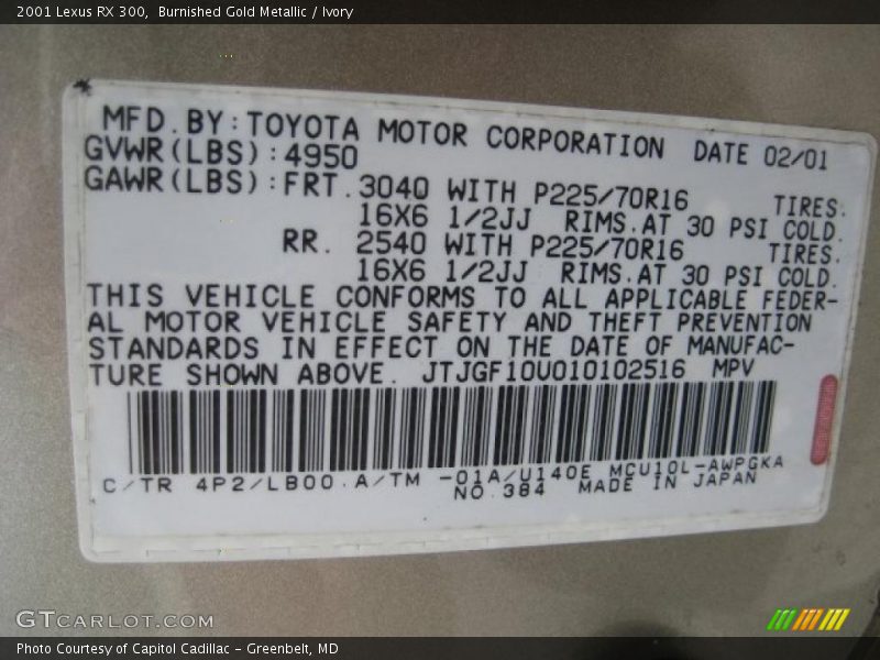 Burnished Gold Metallic / Ivory 2001 Lexus RX 300