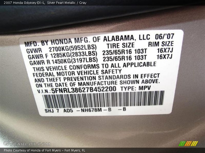 Silver Pearl Metallic / Gray 2007 Honda Odyssey EX-L