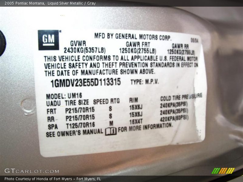 Liquid Silver Metallic / Gray 2005 Pontiac Montana