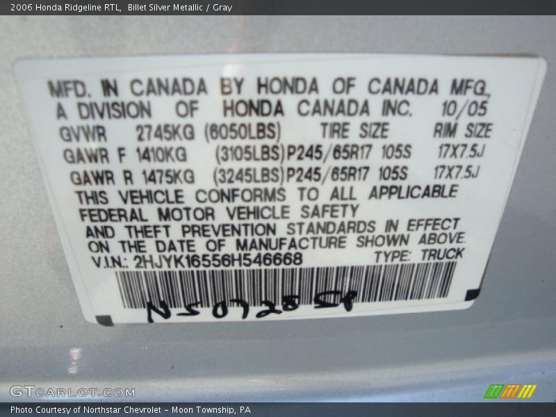 Billet Silver Metallic / Gray 2006 Honda Ridgeline RTL