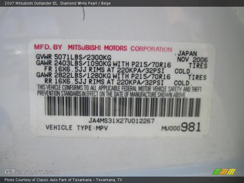 Diamond White Pearl / Beige 2007 Mitsubishi Outlander ES