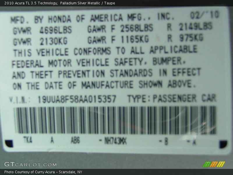 Palladium Silver Metallic / Taupe 2010 Acura TL 3.5 Technology