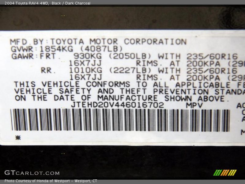 Black / Dark Charcoal 2004 Toyota RAV4 4WD