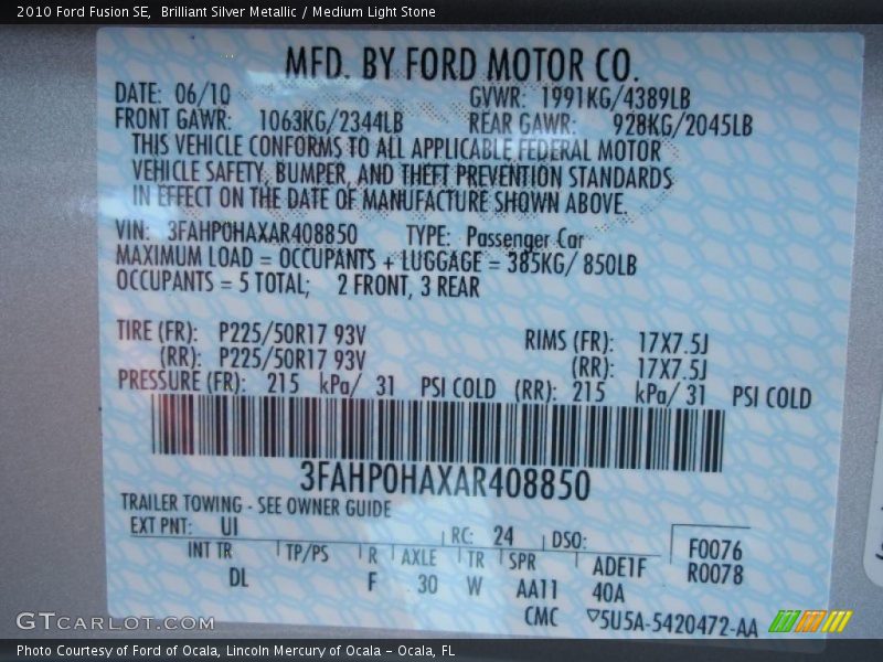 Brilliant Silver Metallic / Medium Light Stone 2010 Ford Fusion SE