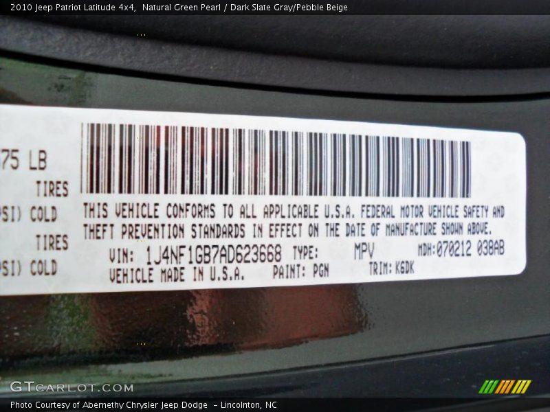 Natural Green Pearl / Dark Slate Gray/Pebble Beige 2010 Jeep Patriot Latitude 4x4